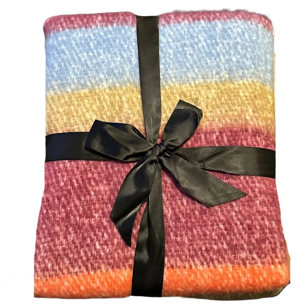 Aqua Faux Mohair Multi Colored Decorative Throw Blanket w/Fringe, 50” x 60”